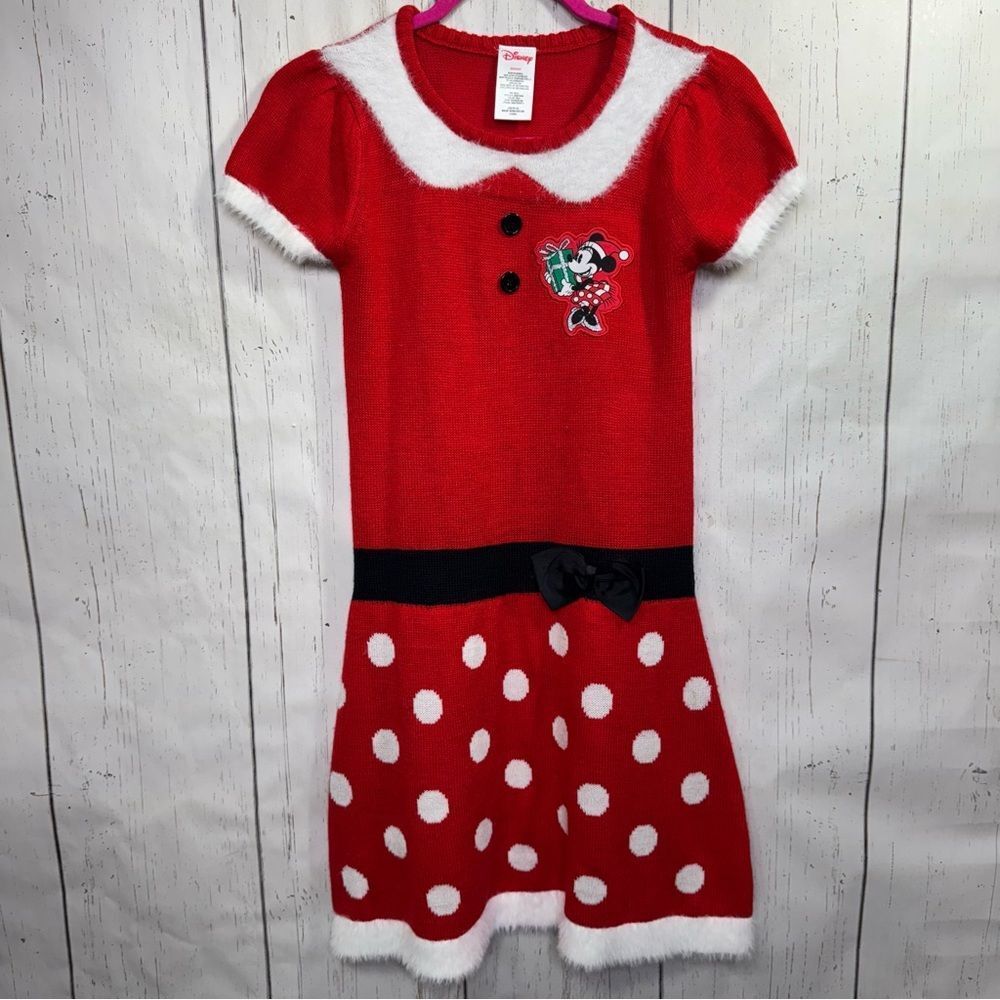 Disney Minnie Mouse Christmas Sweater Dress Red Polka Dot Girls Holiday Festive